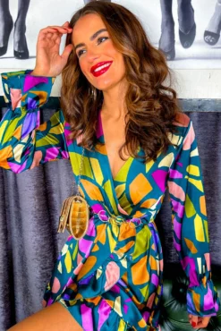 Better Shape Up - Forest Multi Abstract Mini Wrap Dress -Glamoros Clothing Shop Better Shape Up Forest Multi Abstract Mini Wrap Dress 7 1