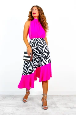 Block You Out - Pink Zebra Print High Neck Midi Dress -Glamoros Clothing Shop BlockYouOut PinkZebraPrintHighNeckMidiDress 1