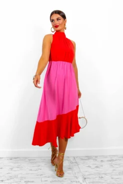 Block You Out - Red Pink High Neck Midi Dress 12 Block You Out - Red Pink High Neck Midi Dress -Glamoros Clothing Shop BlockYouOut RedPinkHighNeckMidiDress 1