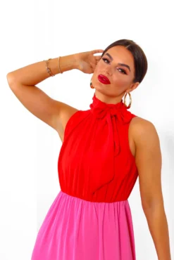 Block You Out - Red Pink High Neck Midi Dress 11 Block You Out - Red Pink High Neck Midi Dress -Glamoros Clothing Shop BlockYouOut RedPinkHighNeckMidiDress 3