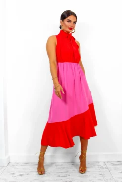 Block You Out - Red Pink High Neck Midi Dress 13 Block You Out - Red Pink High Neck Midi Dress -Glamoros Clothing Shop BlockYouOut RedPinkHighNeckMidiDress 4