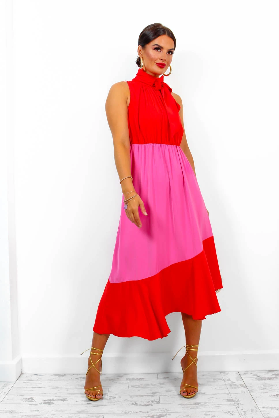 Block You Out - Red Pink High Neck Midi Dress 5 Block You Out - Red Pink High Neck Midi Dress - Image 5