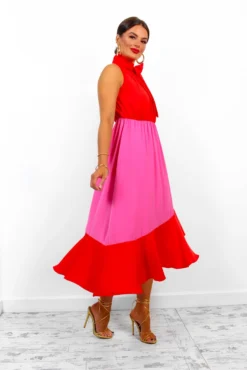 Block You Out - Red Pink High Neck Midi Dress 14 Block You Out - Red Pink High Neck Midi Dress -Glamoros Clothing Shop BlockYouOut RedPinkHighNeckMidiDress 5 1
