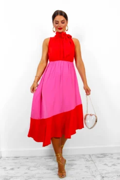 Block You Out - Red Pink High Neck Midi Dress 15 Block You Out - Red Pink High Neck Midi Dress -Glamoros Clothing Shop BlockYouOut RedPinkHighNeckMidiDress 6