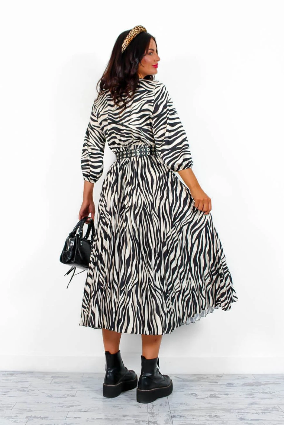 Bolder The Better - Black White Zebra Pleated Midi Dress 2 Bolder The Better - Black White Zebra Pleated Midi Dress - Image 2