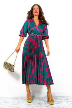 Bolder The Better - Forest Magenta Floral Pleated Midi Dress -Glamoros Clothing Shop BolderTheBetter ForestMagentaFloralPleatedMidiDress 2