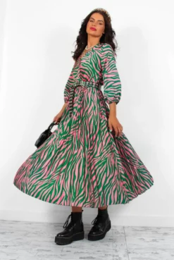 Bolder The Better - Green Pink Zebra Pleated Midi Dress 10 Bolder The Better - Green Pink Zebra Pleated Midi Dress -Glamoros Clothing Shop BolderTheBetter GreenPinkZebraPleatedMidiDress1