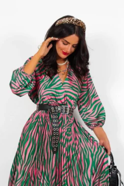 Bolder The Better - Green Pink Zebra Pleated Midi Dress 9 Bolder The Better - Green Pink Zebra Pleated Midi Dress -Glamoros Clothing Shop BolderTheBetter GreenPinkZebraPleatedMidiDress3