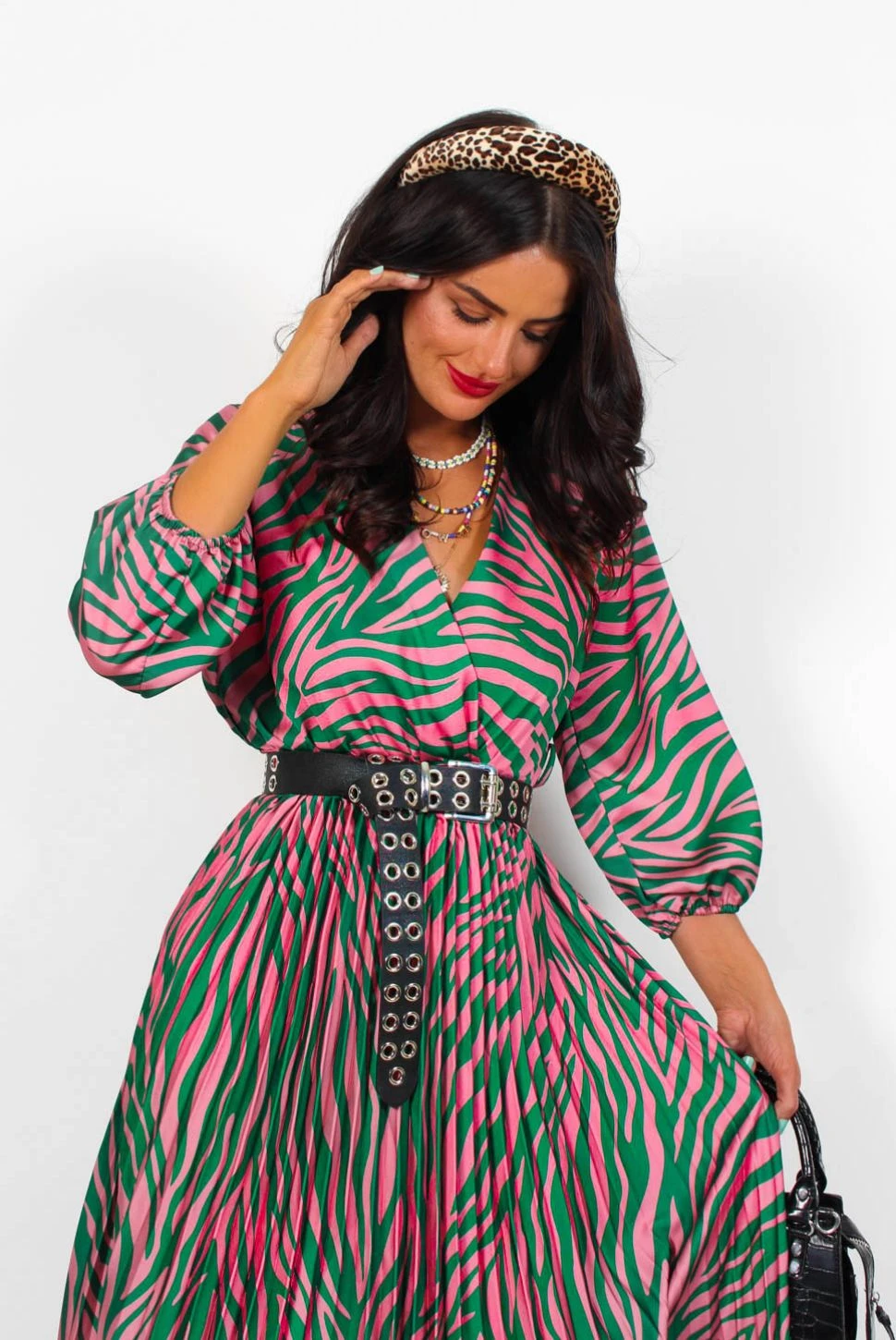 Bolder The Better - Green Pink Zebra Pleated Midi Dress 4 Bolder The Better - Green Pink Zebra Pleated Midi Dress - Image 4