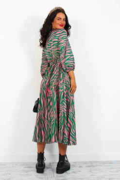 Bolder The Better - Green Pink Zebra Pleated Midi Dress 11 Bolder The Better - Green Pink Zebra Pleated Midi Dress -Glamoros Clothing Shop BolderTheBetter GreenPinkZebraPleatedMidiDress4