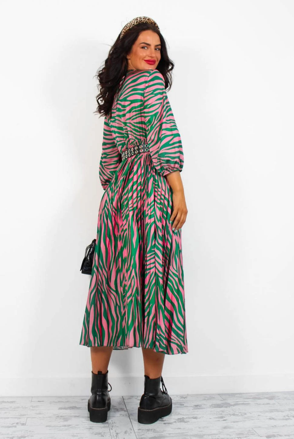 Bolder The Better - Green Pink Zebra Pleated Midi Dress 6 Bolder The Better - Green Pink Zebra Pleated Midi Dress - Image 6