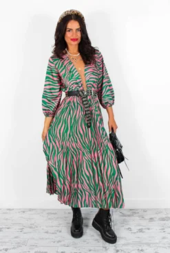Bolder The Better - Green Pink Zebra Pleated Midi Dress 8 Bolder The Better - Green Pink Zebra Pleated Midi Dress -Glamoros Clothing Shop BolderTheBetter GreenPinkZebraPleatedMidiDress5