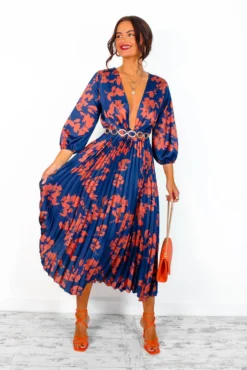 Bolder The Better - Navy Copper Floral Pleated Midi Dress -Glamoros Clothing Shop BolderTheBetter NavyCopperFloralPleatedMidiDress1