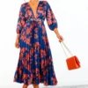Bolder The Better - Navy Copper Floral Pleated Midi Dress