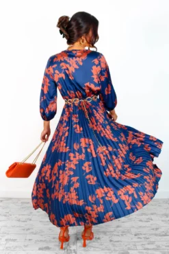 Bolder The Better - Navy Copper Floral Pleated Midi Dress -Glamoros Clothing Shop BolderTheBetter NavyCopperFloralPleatedMidiDress4