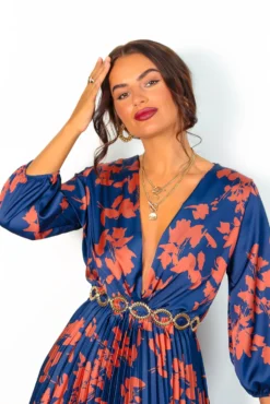Bolder The Better - Navy Copper Floral Pleated Midi Dress -Glamoros Clothing Shop BolderTheBetter NavyCopperFloralPleatedMidiDress5