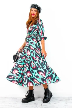 Bolder The Better - Turquoise Coral Leopard Print Pleated Midi Dress -Glamoros Clothing Shop BolderTheBetter TurquoiseCoralLeopardPrintPleatedMidiDress 1