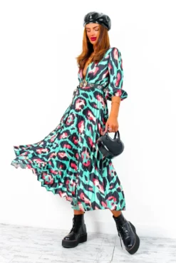 Bolder The Better - Turquoise Coral Leopard Print Pleated Midi Dress -Glamoros Clothing Shop BolderTheBetter TurquoiseCoralLeopardPrintPleatedMidiDress 2