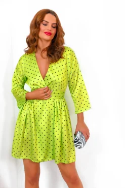 Bow Love Lost - Lime Polka Dot Mini Dress -Glamoros Clothing Shop BowLoveLost LimePolkaDotMiniDress1