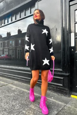 Call It Even - Black White Star Print Roll Neck Dress