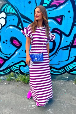 Casual Feelings - White MagentaStripey Ruffle Sleeve Maxi Dress -Glamoros Clothing Shop Casual Feelings White Magenta Stripey Ruffle Sleeve Maxi Dress 5