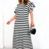 Casual Feelings - White Black Stripey Ruffle Sleeve Maxi Dress