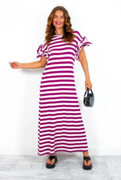 Casual Feelings - White MagentaStripey Ruffle Sleeve Maxi Dress -Glamoros Clothing Shop CasualFeelings WhiteMagentaStripeyRuffleSleeveMaxiDress 2