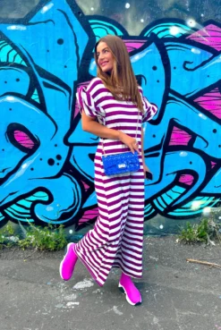 Casual Feelings - White MagentaStripey Ruffle Sleeve Maxi Dress