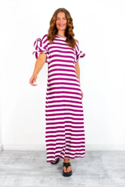 Casual Feelings - White MagentaStripey Ruffle Sleeve Maxi Dress -Glamoros Clothing Shop CasualFeelings WhiteMagentaStripeyRuffleSleeveMaxiDress 3