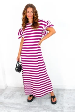 Casual Feelings - White MagentaStripey Ruffle Sleeve Maxi Dress -Glamoros Clothing Shop CasualFeelings WhiteMagentaStripeyRuffleSleeveMaxiDress 4