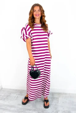 Casual Feelings - White MagentaStripey Ruffle Sleeve Maxi Dress -Glamoros Clothing Shop CasualFeelings WhiteMagentaStripeyRuffleSleeveMaxiDress 5