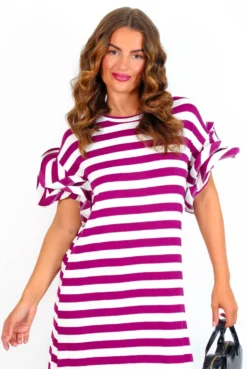 Casual Feelings - White MagentaStripey Ruffle Sleeve Maxi Dress -Glamoros Clothing Shop CasualFeelings WhiteMagentaStripeyRuffleSleeveMaxiDress 6