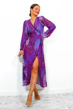 Caught Your Attention - Magenta Blue Leopard Midi Wrap Dress -Glamoros Clothing Shop Caught Your Attention Magenta Blue Leopard Midi Wrap Dress 1