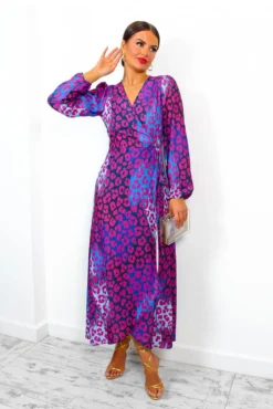 Caught Your Attention - Magenta Blue Leopard Midi Wrap Dress -Glamoros Clothing Shop Caught Your Attention Magenta Blue Leopard Midi Wrap Dress 3