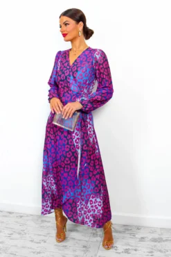 Caught Your Attention - Magenta Blue Leopard Midi Wrap Dress -Glamoros Clothing Shop Caught Your Attention Magenta Blue Leopard Midi Wrap Dress 4