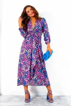 Caught Your Attention - Blue Pink Watercolour Leopard Midi Wrap Dress -Glamoros Clothing Shop CaughtYourAttention BluePinkWatercolourLeopardMidiWrapDress 7