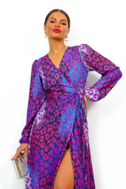 Caught Your Attention - Magenta Blue Leopard Midi Wrap Dress -Glamoros Clothing Shop CaughtYourAttention MagentaBlueLeopardMidiWrapDress 3