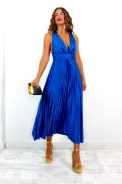 Class Is Timeless - Cobalt Satin Pleated Midi Dress