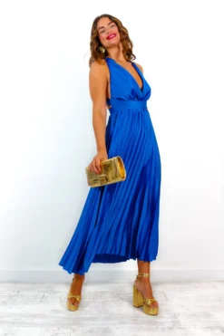 Class Is Timeless - Cobalt Satin Pleated Midi Dress -Glamoros Clothing Shop ClassIsTimeless CobaltSatinPleatedMidiDress 3 scaled