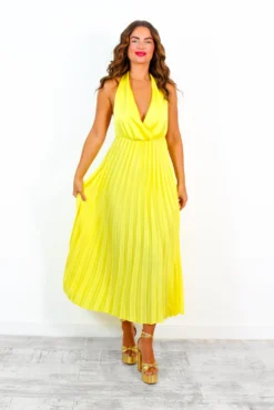 Class Is Timeless - Yellow Satin Pleated Midi Dress -Glamoros Clothing Shop ClassIsTimeless YellowSatinPleatedMidiDress 2