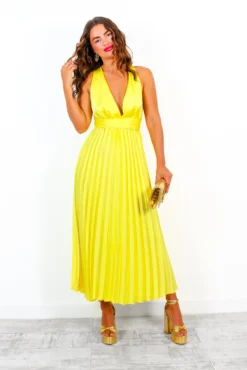 Class Is Timeless - Yellow Satin Pleated Midi Dress -Glamoros Clothing Shop ClassIsTimeless YellowSatinPleatedMidiDress 7