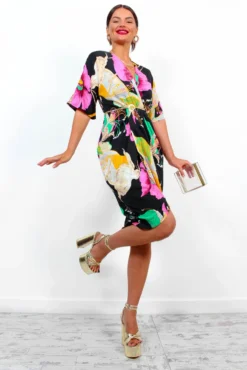 Cocktail OClock - Black Pink Floral Midi Dress 9 Cocktail OClock - Black Pink Floral Midi Dress -Glamoros Clothing Shop CocktailOClock BlackPinkFloralMidiDress 3