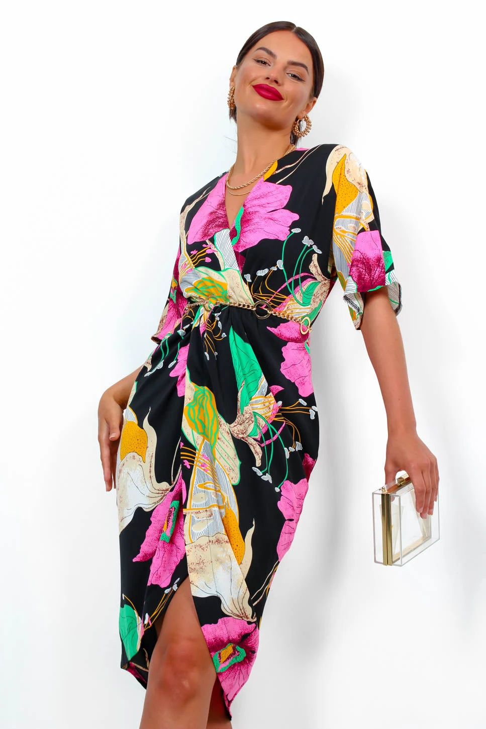 Cocktail OClock - Black Pink Floral Midi Dress 2 Cocktail OClock - Black Pink Floral Midi Dress - Image 2