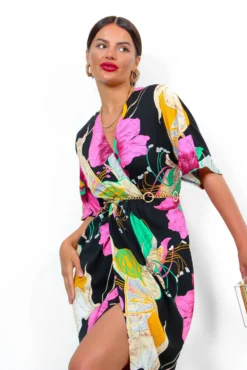 Cocktail OClock - Black Pink Floral Midi Dress 10 Cocktail OClock - Black Pink Floral Midi Dress -Glamoros Clothing Shop CocktailOClock BlackPinkFloralMidiDress 6