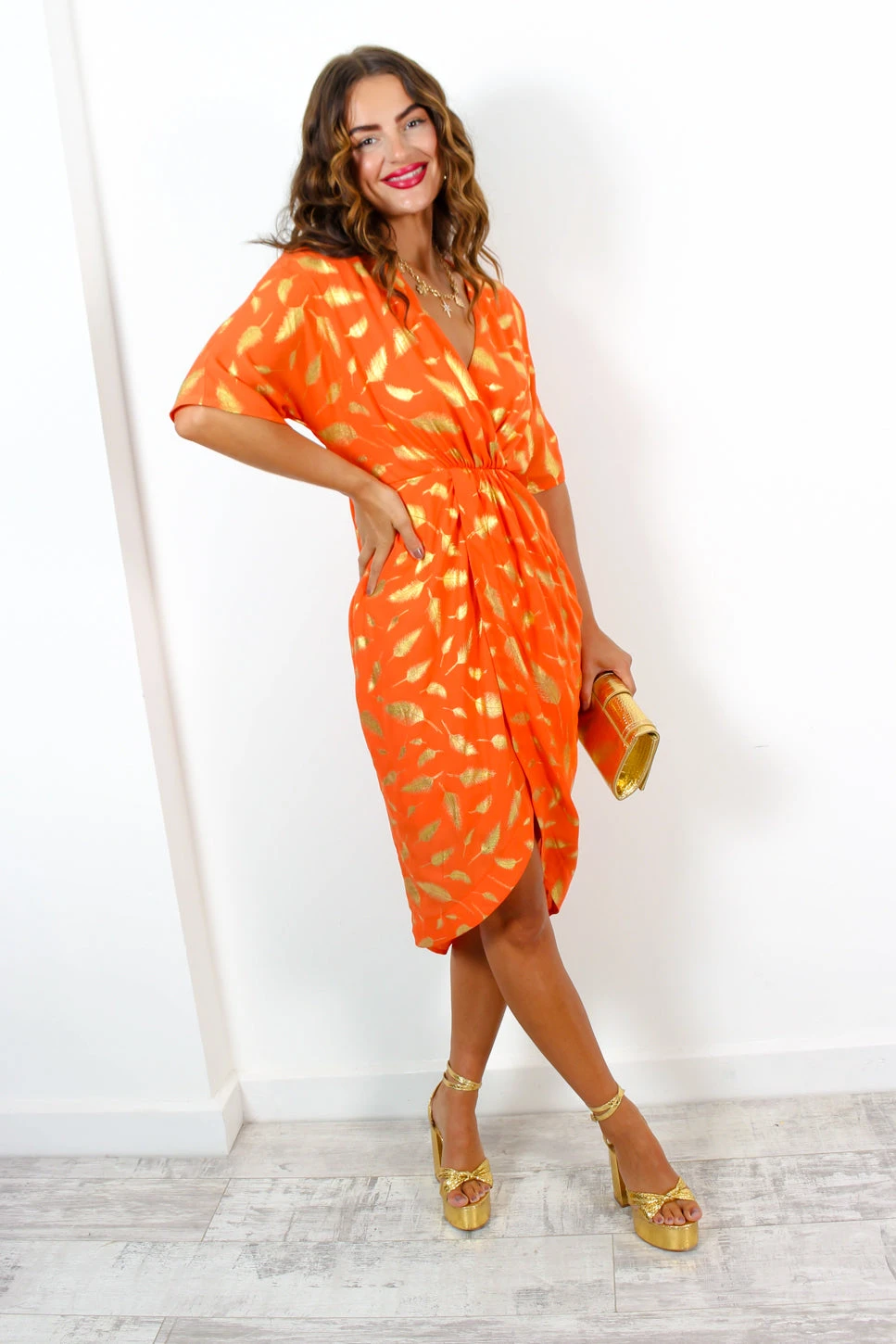 Cocktail OClock - Orange Gold Feather Midi Dress 7 Cocktail OClock - Orange Gold Feather Midi Dress - Image 7
