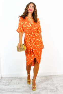 Cocktail OClock - Orange Gold Feather Midi Dress 13 Cocktail OClock - Orange Gold Feather Midi Dress -Glamoros Clothing Shop CocktailOClock OrangeGoldFeatherMidiDress 2
