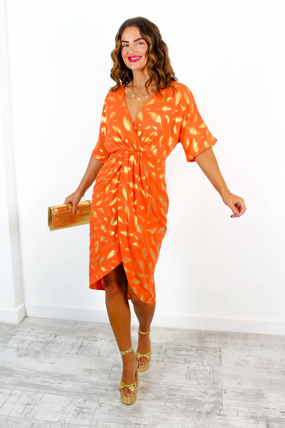 Cocktail OClock - Orange Gold Feather Midi Dress 4 Cocktail OClock - Orange Gold Feather Midi Dress - Image 4