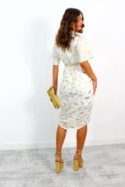 Cocktail OClock - White Gold Feather Midi Dress -Glamoros Clothing Shop CocktailOClock WhiteGoldFeatherMidiDress 1