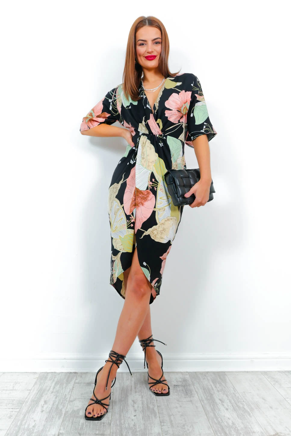 Cocktail OClock - Black Blush Floral Print Midi Dress 2 Cocktail OClock - Black Blush Floral Print Midi Dress - Image 2