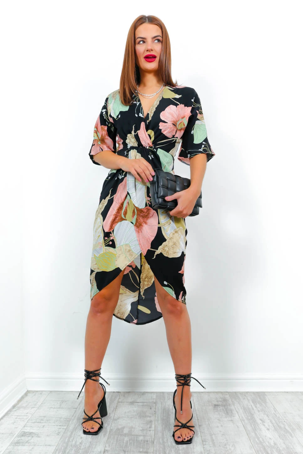 Cocktail OClock - Black Blush Floral Print Midi Dress 6 Cocktail OClock - Black Blush Floral Print Midi Dress - Image 6
